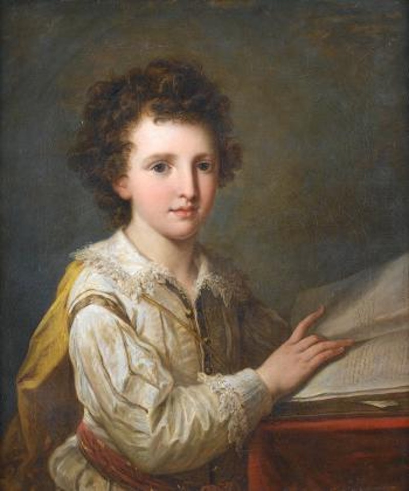 Portrait of William Heberden the Younger, M.D. (1767-1845), as a boy, half-length, at his studies, in a white chemise with a red sash, seated beside a table draped with a red cloth by Angelica Kauffmann