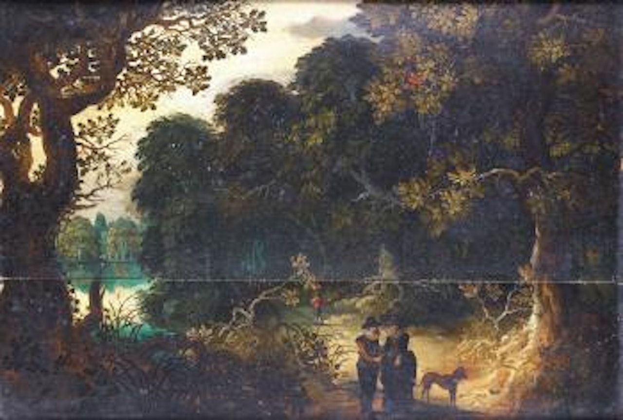 An elegant couple on a woodland path by Abraham Govaerts