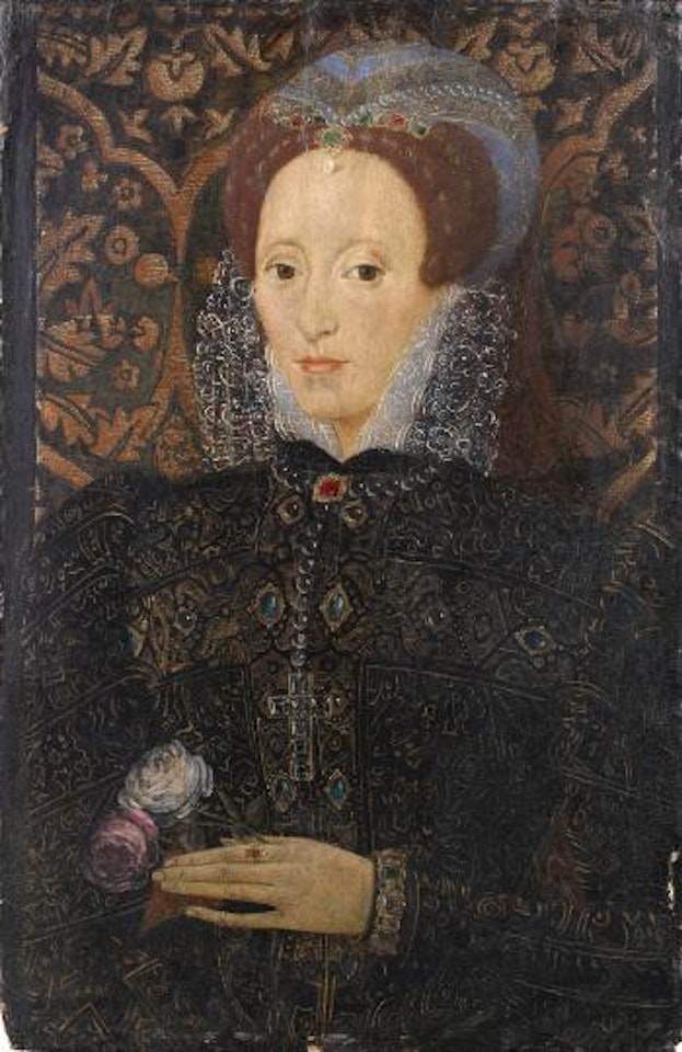 Portrait of a lady, apparently representing Mary Queen of Scots, half-length, in black costume with a white lace collar, wearing a crucifix and holding the roses of York and Lancaster by English School