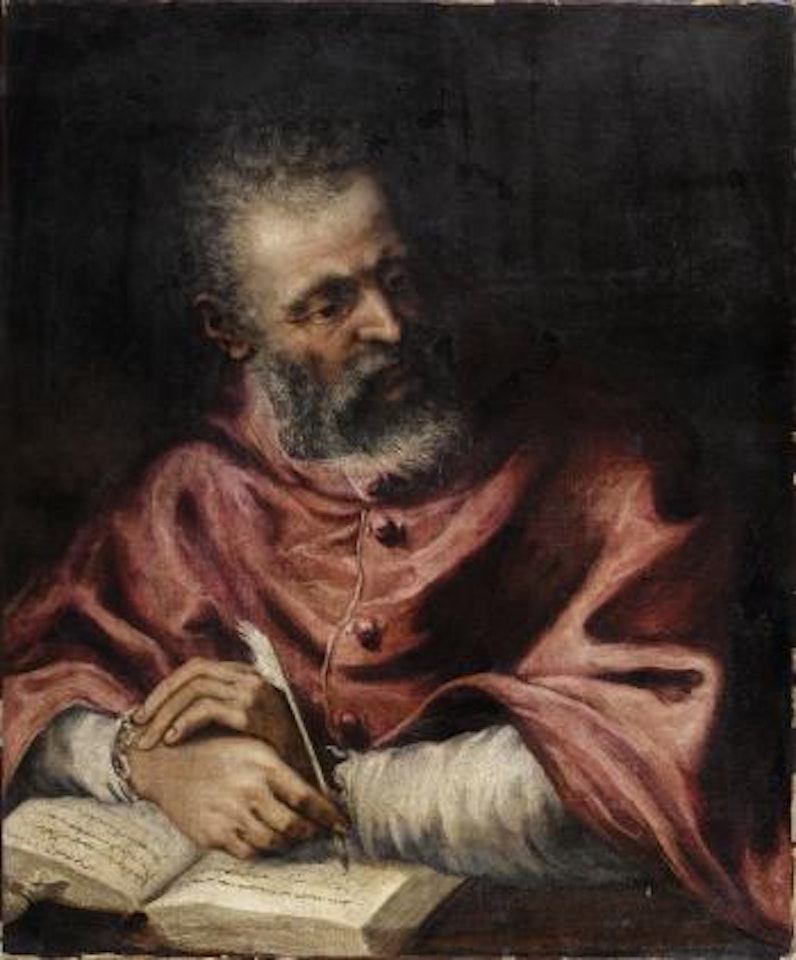 Portrait of a cardinal, half-length, seated, studying the scriptures by Leandro Bassano