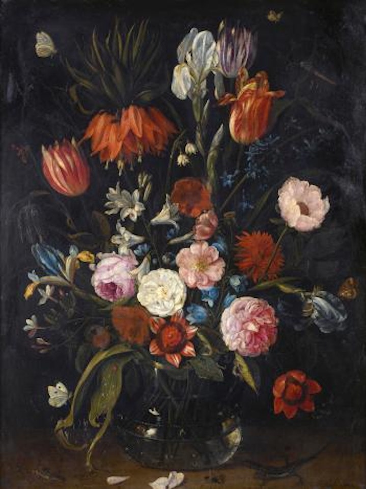 A still life of tulips, a crown imperial, snowdrops, lilies, irises, roses and other flowers in a glass vase with a lizard, butterflies, a dragonfly and other insects by Jan Van Kessel The Elder