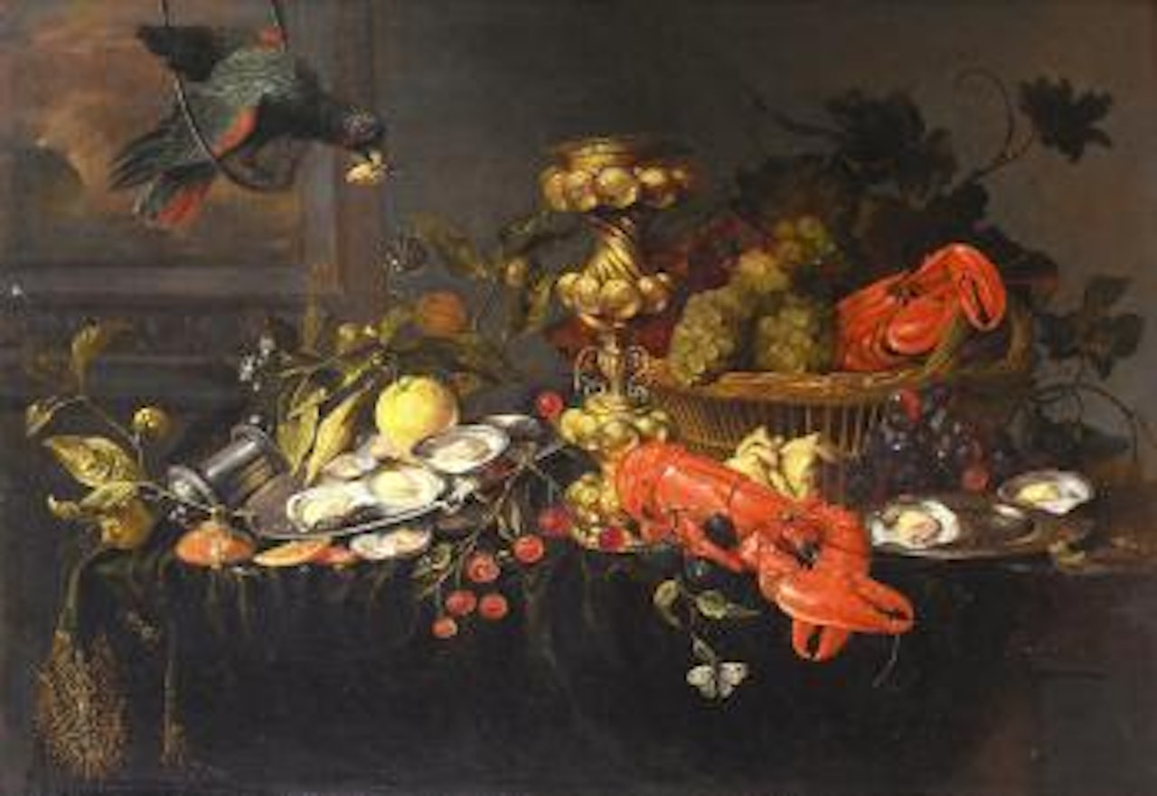 A parrot before an open window with lobsters, oysters, lemons and cherries with a basket of grapes and a silver wine jug on a draped table top by Jan Pauwel Gillemans