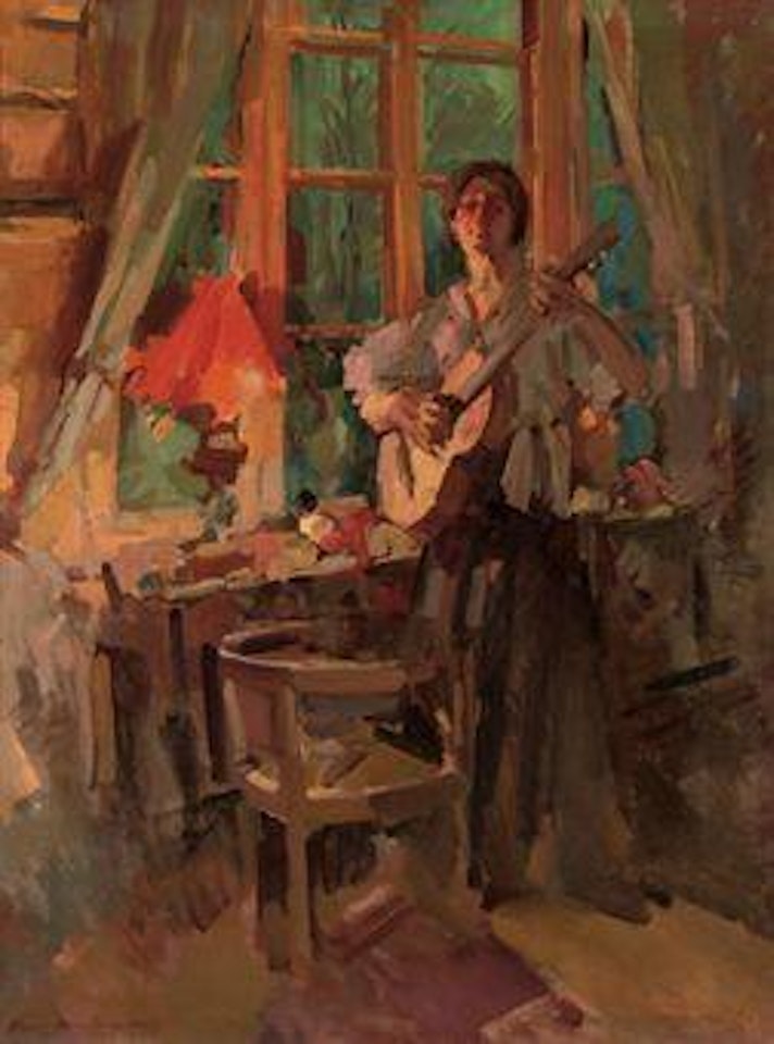 Woman playing the guitar by Konstantin Alekseevich Korovin