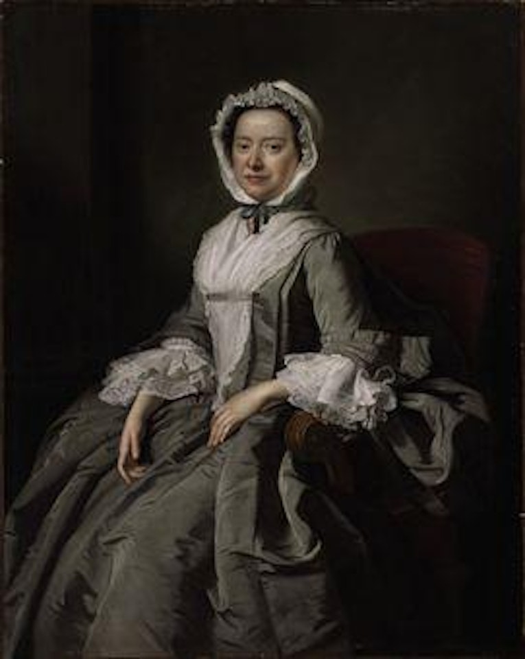 Portrait of a lady, three-quarter length, seated in a grey silk dress and white bonnet by Thomas Hudson