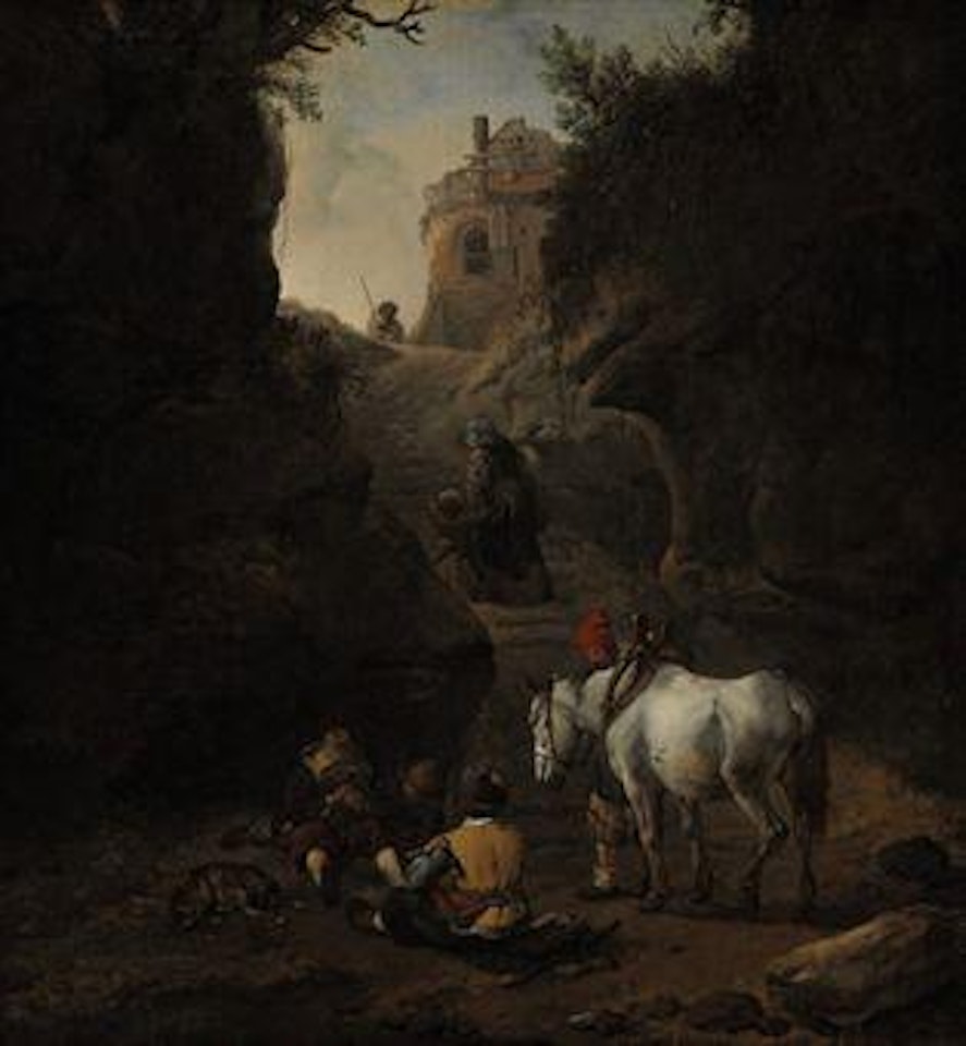 Peasants playing cards by a white horse by Philips Wouwerman