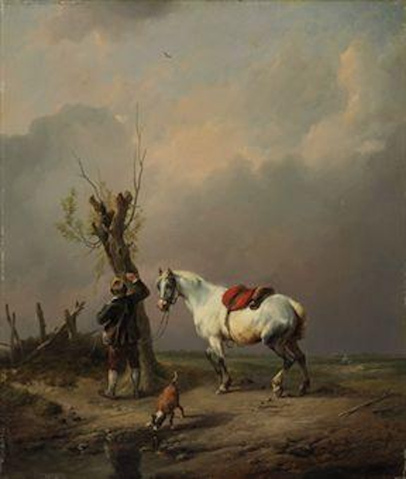 A white horse, dog and rider at rest by Eugène Joseph Verboeckhoven
