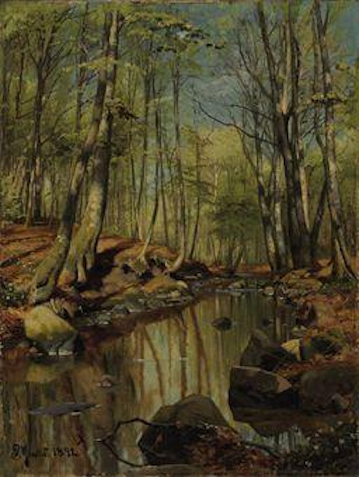 A wooded river landscape by Peder Mork Monsted