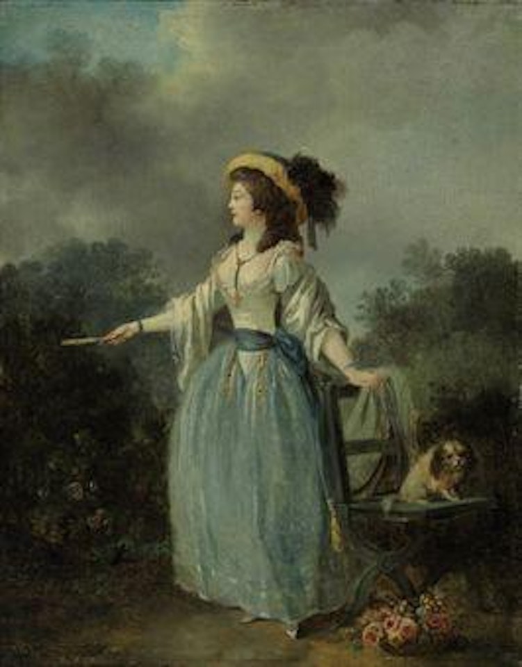 A lady with her dog in a garden by Jean Frédéric Schall
