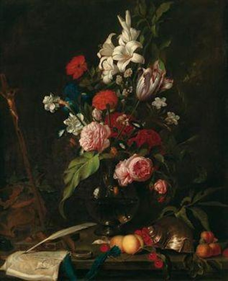A bouquet of flowers with fruit, a letter, and writing utensils on a stone shelf by Jan Davidsz de Heem