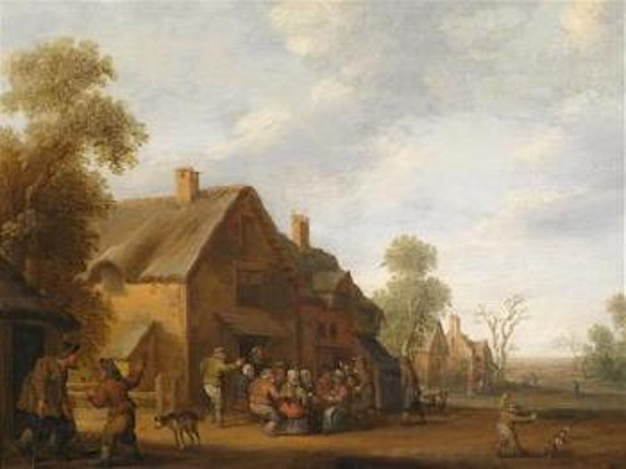 A village meadow with peasants carousing outside a tavern by Joost Cornelisz Droochsloot