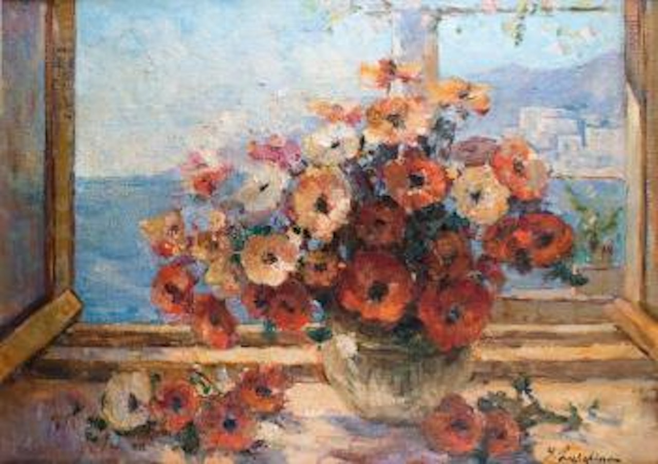 Vase d'anémones devant la mer by Georgij Aleksandrovic Lapschin