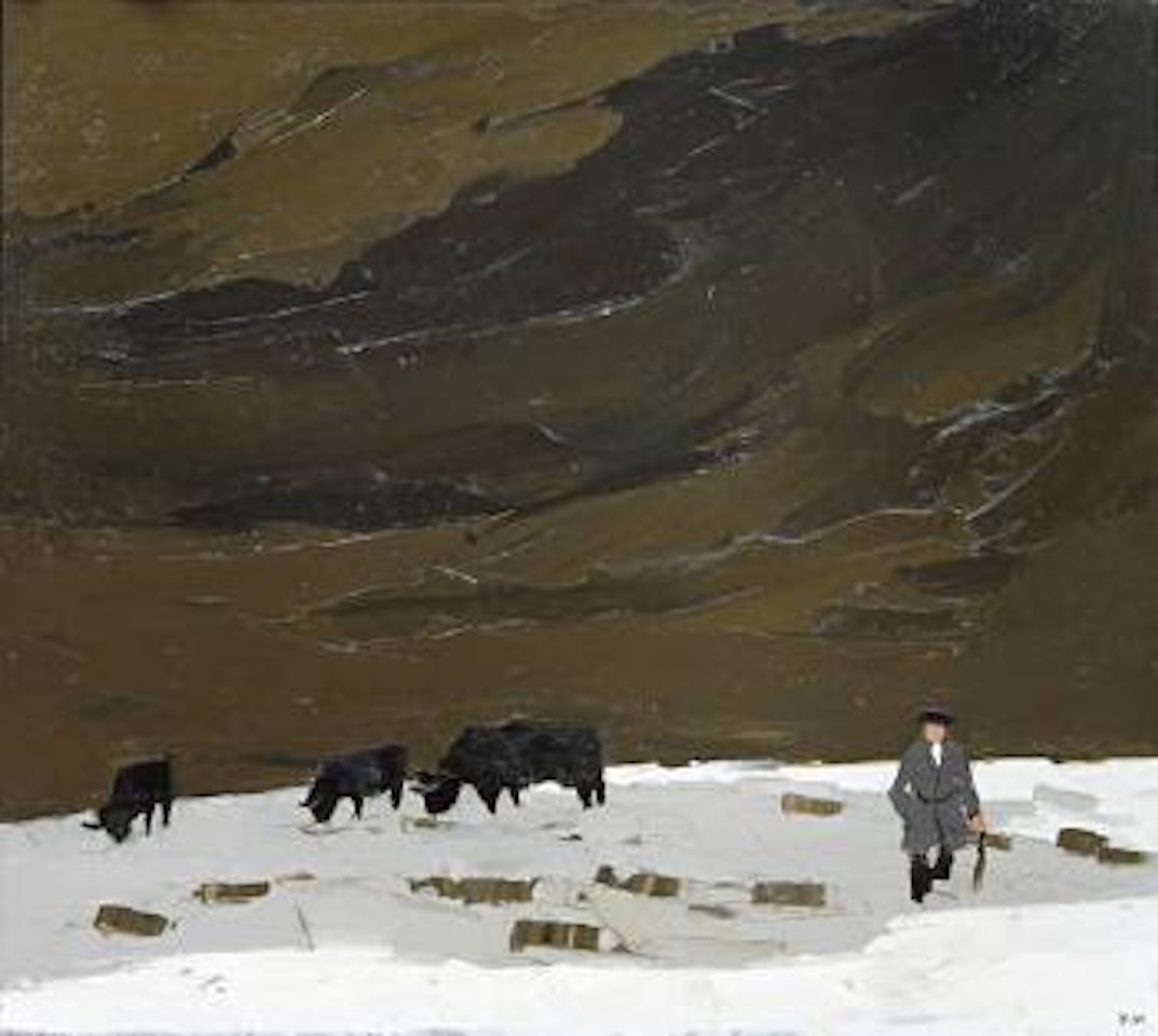 Farmer, black cattle and melting snow by Kyffin Williams