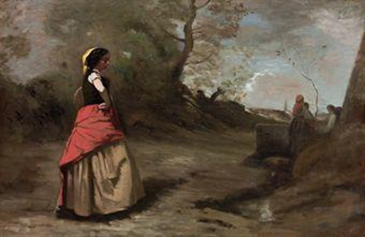 Jeune fille à la jupe rouge et jaune by Jean Baptiste Camille Corot