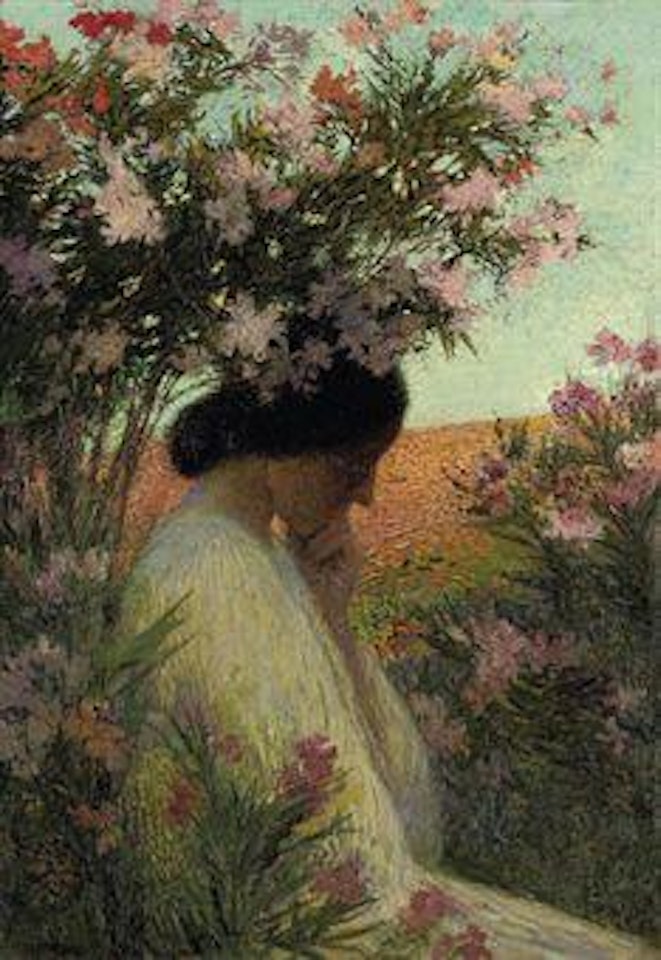 La pensée, Femme en méditation dans un bosquet de laurier rose by Henri Jean Guillaume Martin