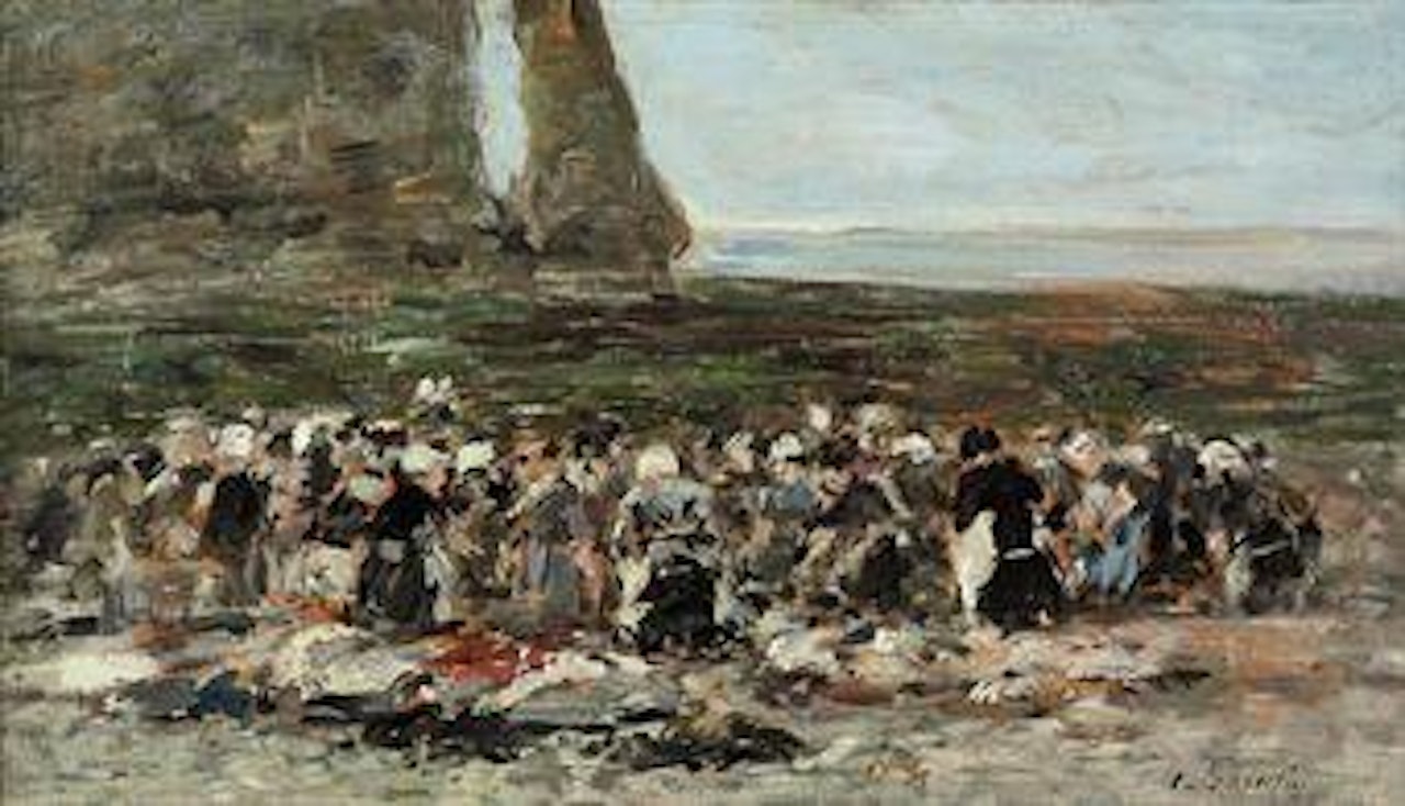 Laveuses sur la plage, marée basse, falaise d'Aval, Etretat by Eugène Boudin