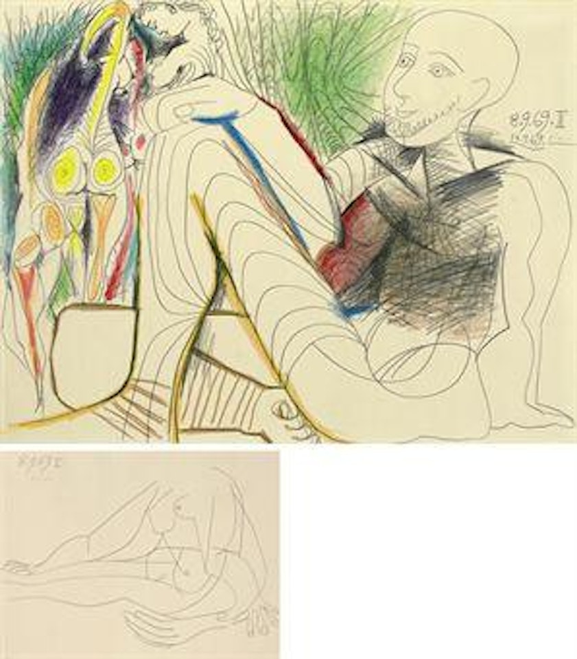 Homme assis et femmes nus (recto); Etude de femme nue (verso) by Pablo Picasso