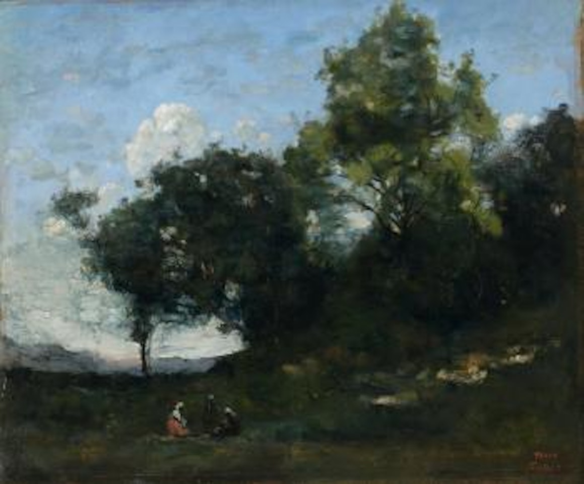 Composition. Campagne boisé, collines au fond trois personnages by Jean Baptiste Camille Corot