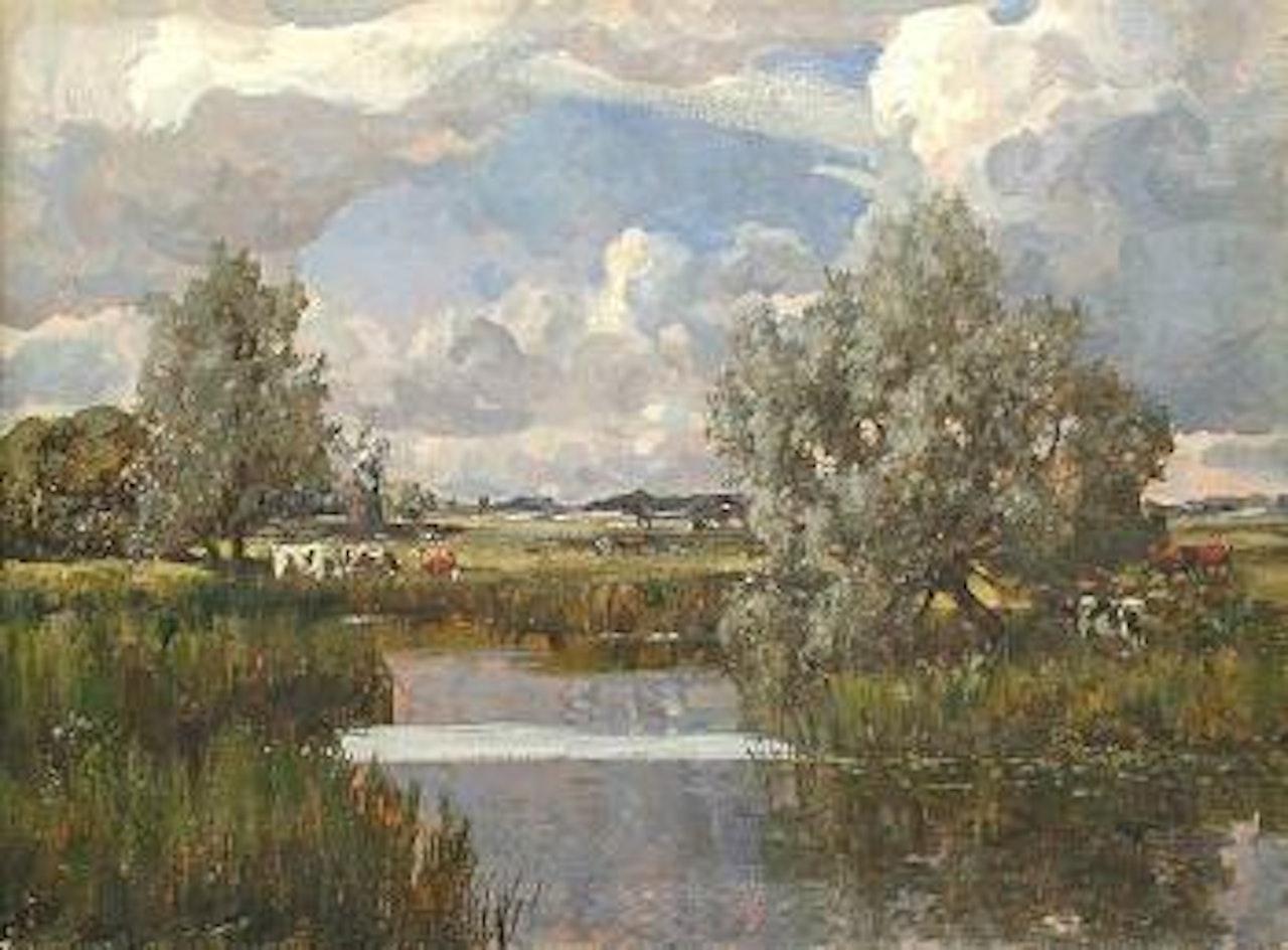 River landscape with windmill beyond by Campbell Mellon