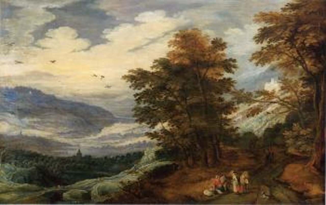Chemin bordé de grands arbres le long d'une vallée by Joos de Momper the Younger