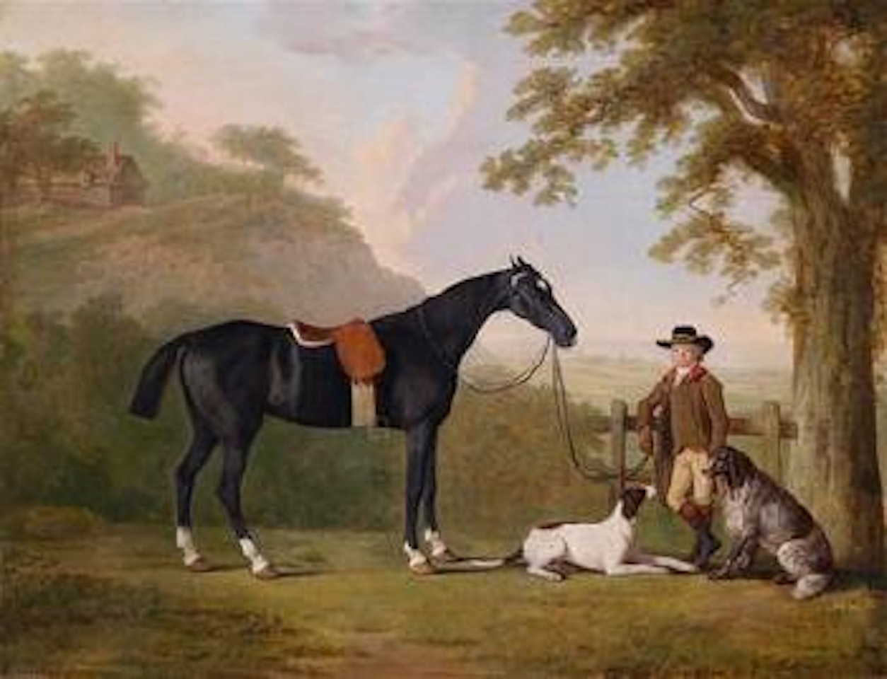 Landscape with a black horse, rider and two dogs by English School