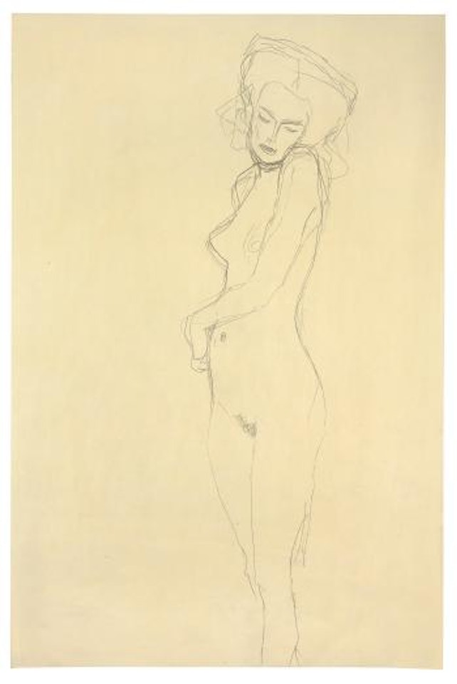 Etwas nach links stehender Akt, linke Schulter in die Höhe gezogen by Gustav Klimt