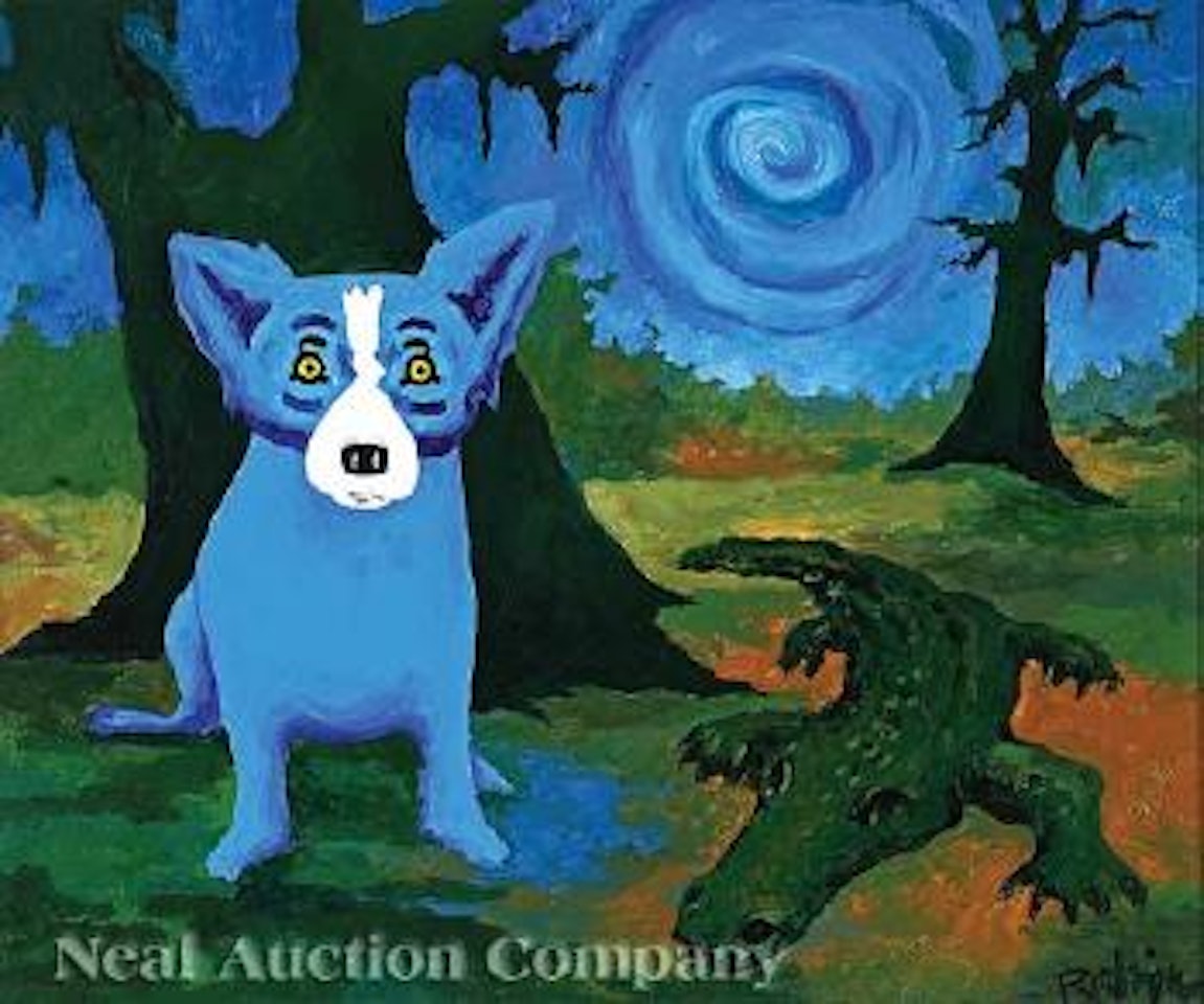 Blue Dog in Louisiana Swamp with an Alligator and Impending Hurricane by George Rodrigue