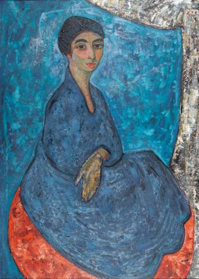 Sitzende Dame im blauen Kleid by Reidar Särestöniemi