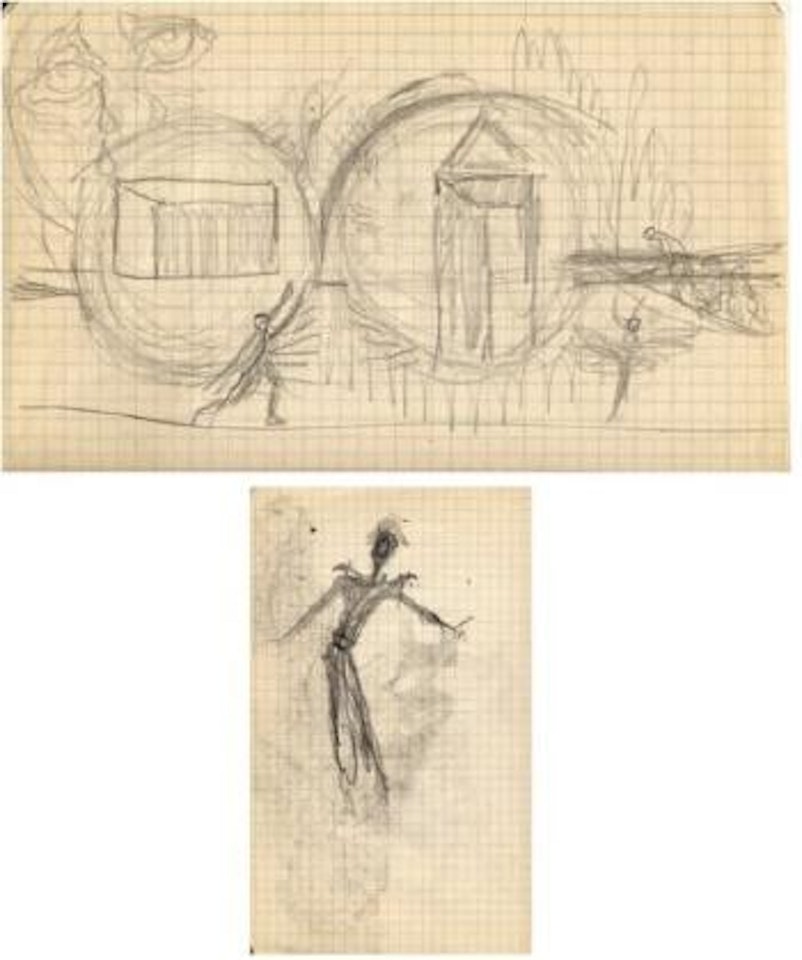 Dessin de mode, étude de bequille, de decor, decor de ballet avec personnages et visage, étude de phallus, de decor, de doigts crochus by Salvador Dali