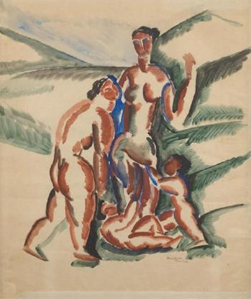Deux femmes et deux enfants dans un paysage by Ossip Zadkine