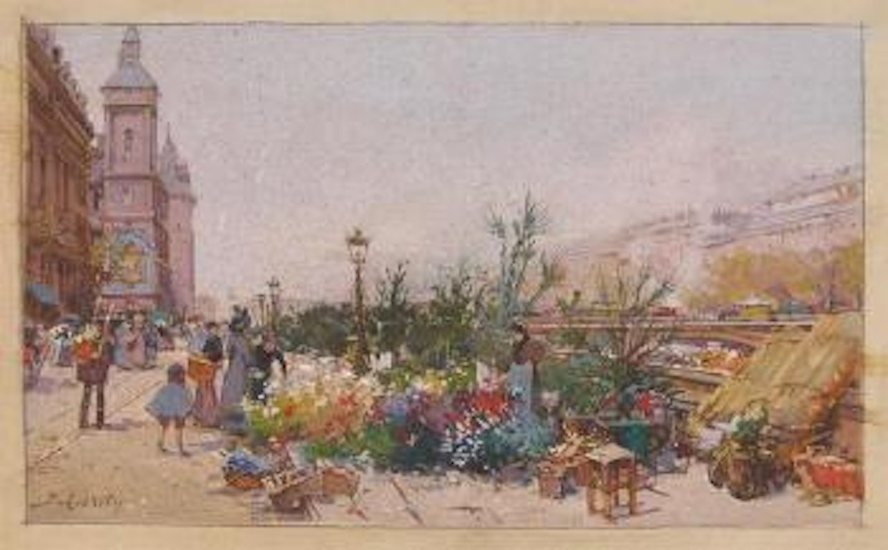Marché aux fleurs devant la Conciergerie à Paris by Eugene Galien-Laloue