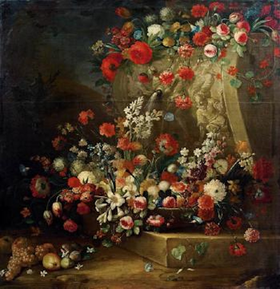 Stillleben mit Blumen und Fruchten von einem Reliefbrunnen / Natura morta di fiori e frutta by Gasparo Lopez