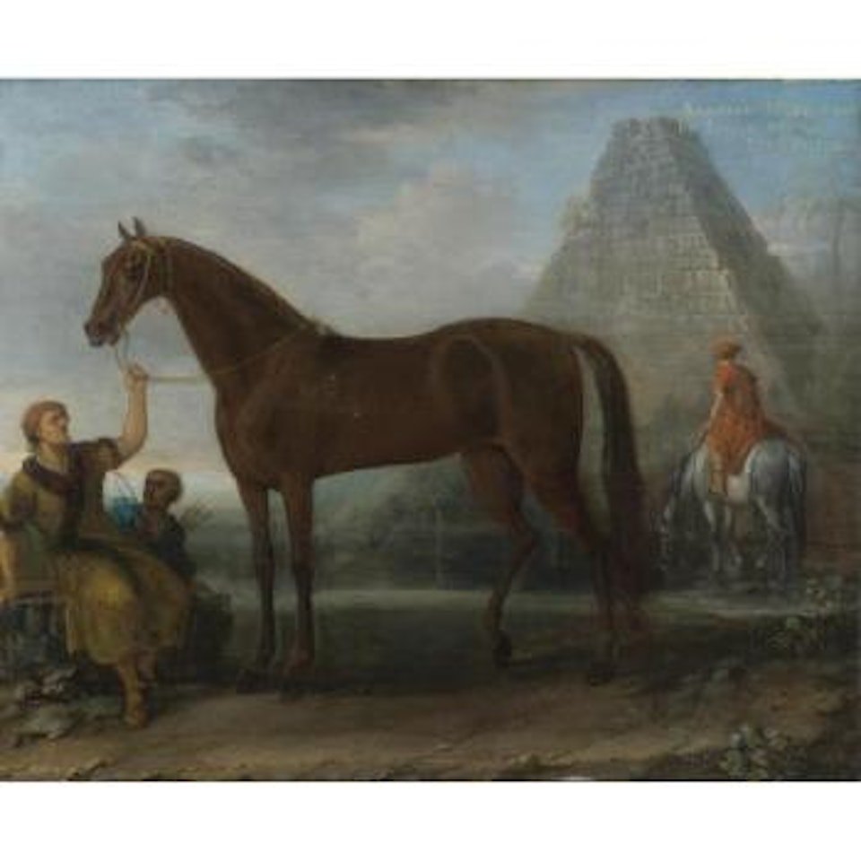 A Dark Chestnut Arabian Mare, Given By King Louix XIV To Lord Petre Held By A Groom In A Landscape by John Wootton