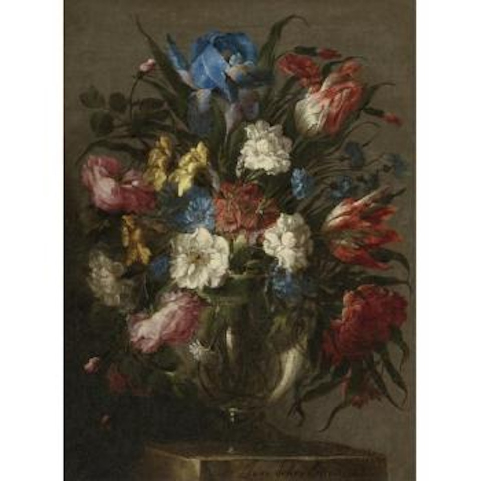Still Life Of Tulips, Roses, Peonies, Iris And Other Flowers In A Glass Vase, Resting On A Table by Juan de Arellano