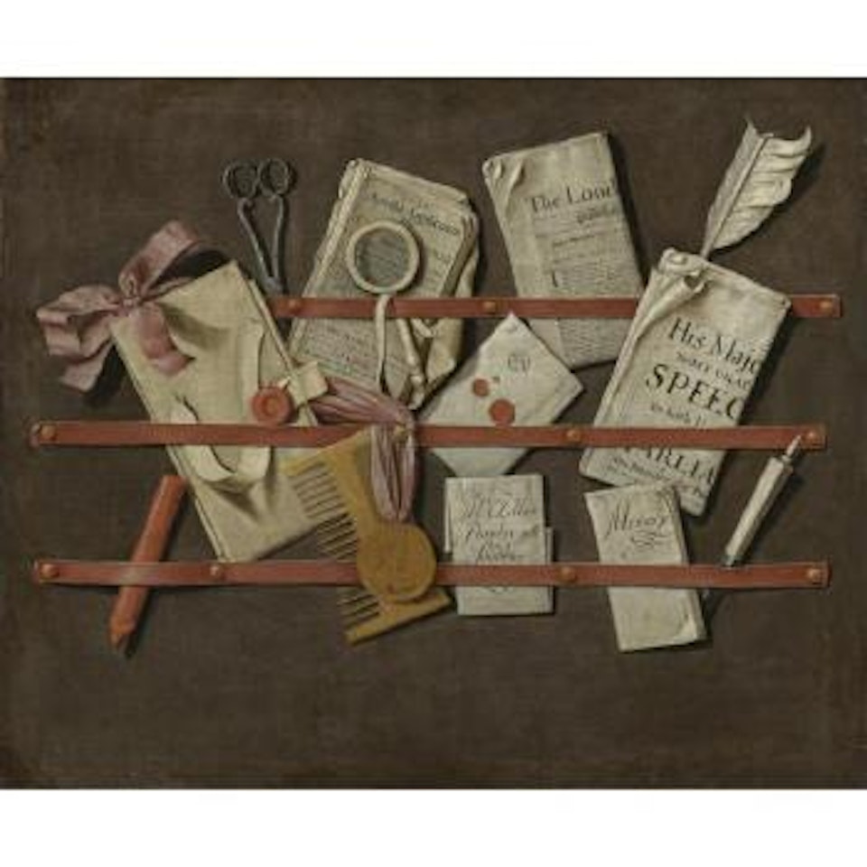 Trompe L'oeil Still Life Of A Letter Rack Holding Newspapers, Letters, A Comb, Scissors, Wax, A Letter Opener, A Magnifying Glass And Other Objects by Edwaert Collier