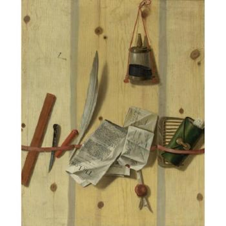 Trompe L'oeil Still Life Of A Letter Rack Holding A Newspaper, Letters, A Letter Opener, Wax, A Quill, A Comb And Other Objects by Edwaert Collier by English School