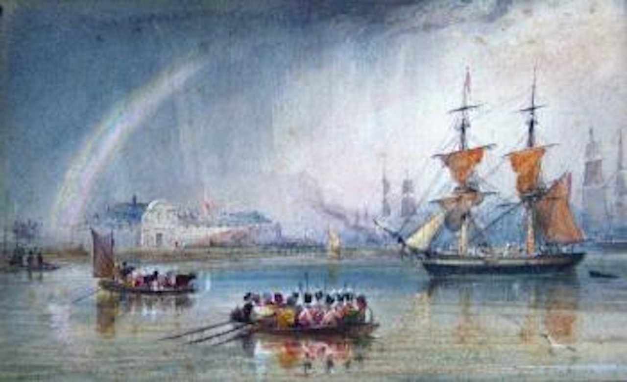 Sailing vessels and smaller craft in coastal waters, under a rainbow by Thomas Allom
