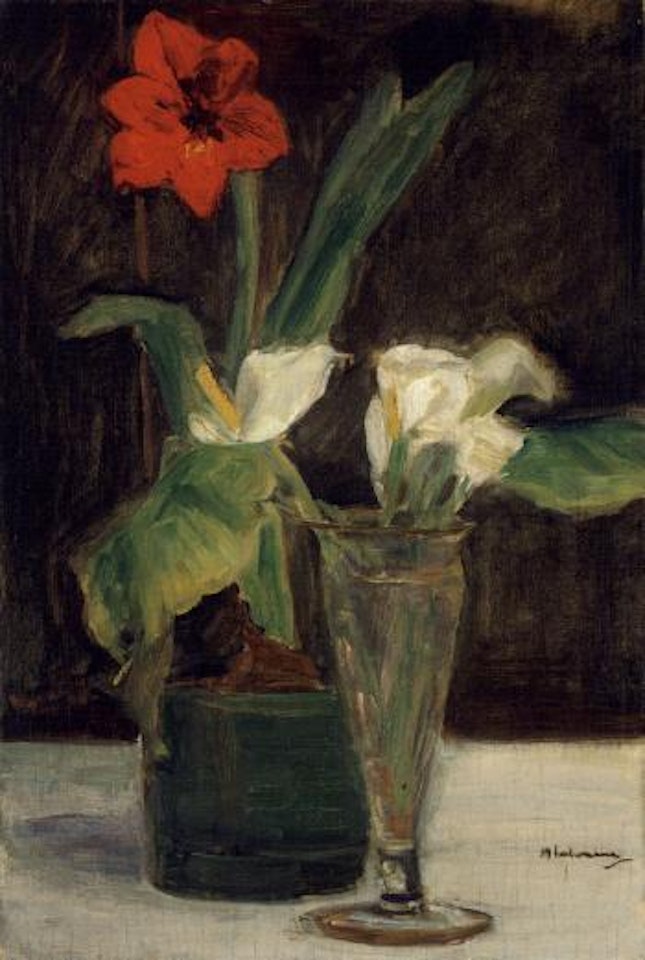 Blummenstuck - Amaryllis und Calla in Glasvase by Max Liebermann