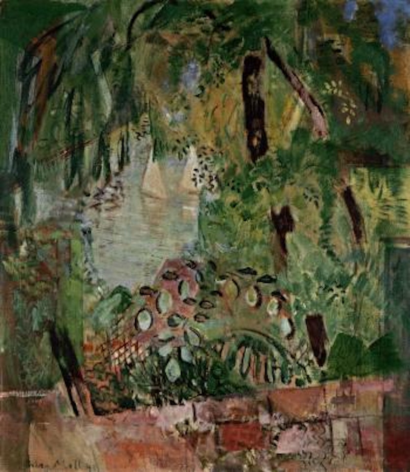 Blick auf See, mit Blattern und zwei weissen segelboten by Oskar Moll