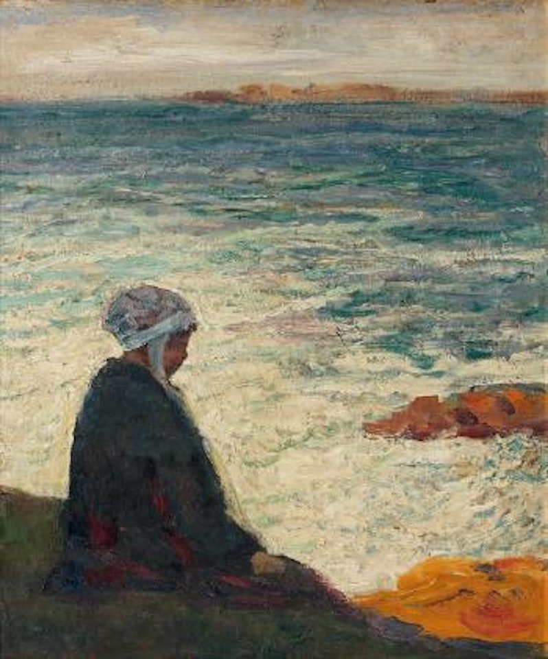 Bretonne assise en bord de mer, baie de Ploumanach by Victor Charreton