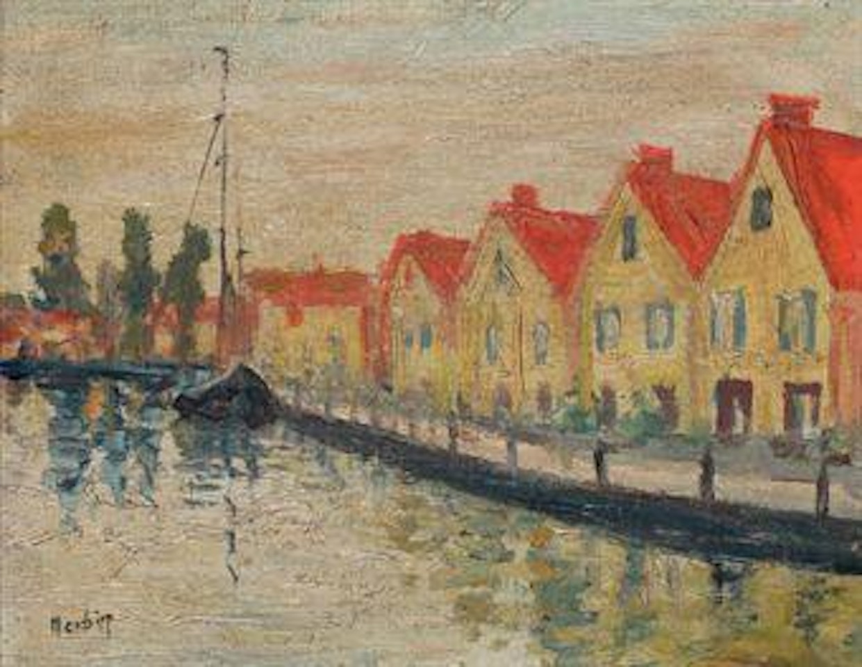 Maisons aux toits rouges, vue du quai à Bruges by Auguste Herbin