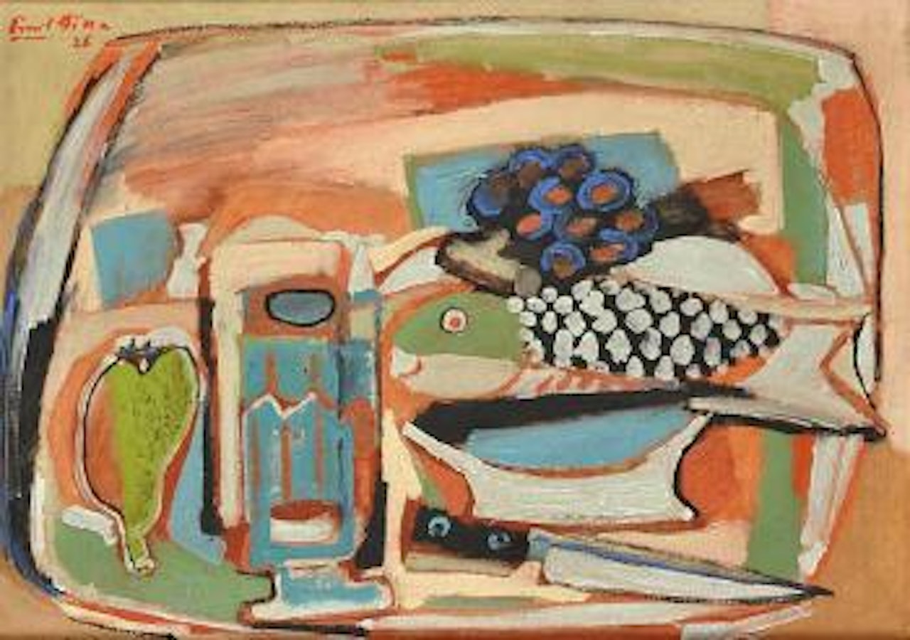 A still life with fish, cup and fruit by Emil Filla