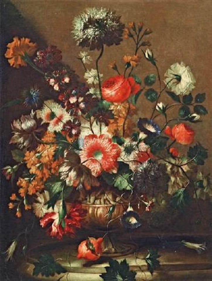 Blumenstrauss mit Rosen, Nelken und anderen Bluten in einer Prunkvase auf Steinsockel by Franz Werner von Tamm
