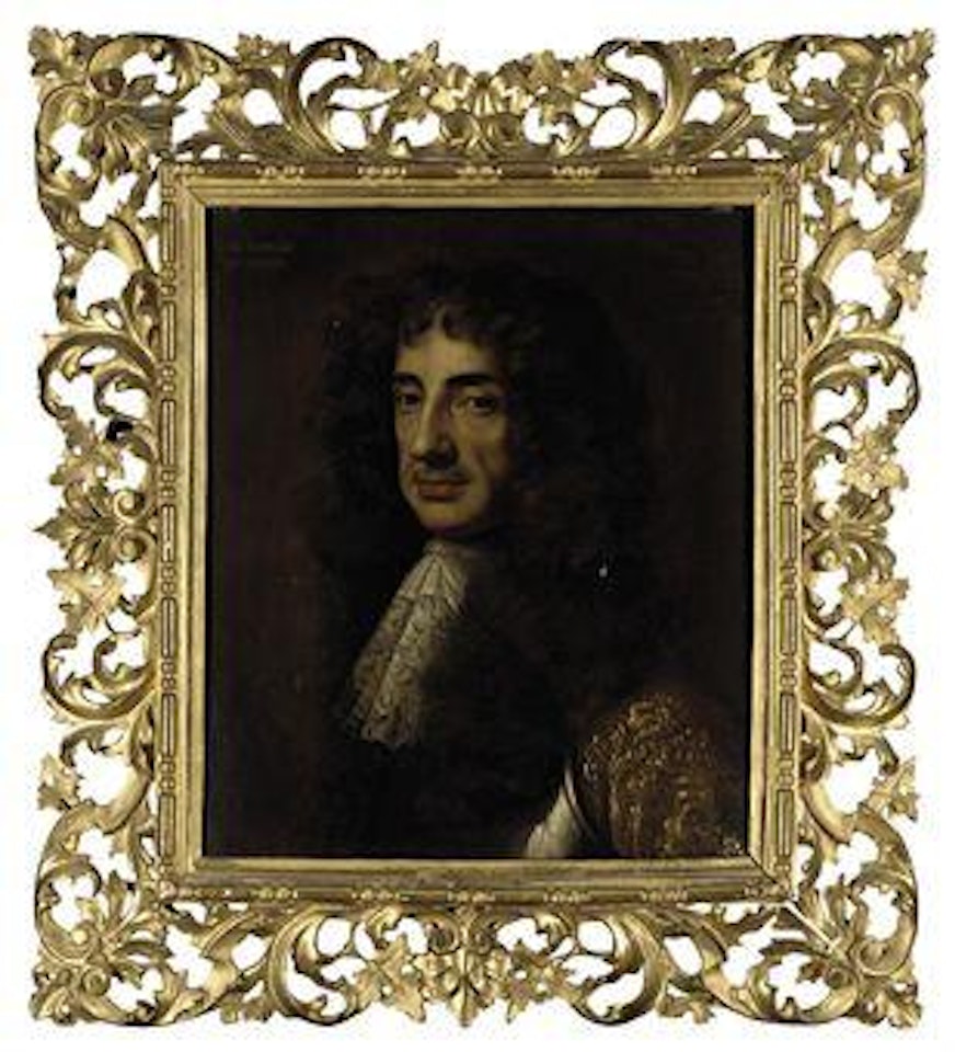 Portrait of King Charles II, bust-length, wearing a breastplate with a gold-embroidered coat and lace cravat by Sir Peter Lely