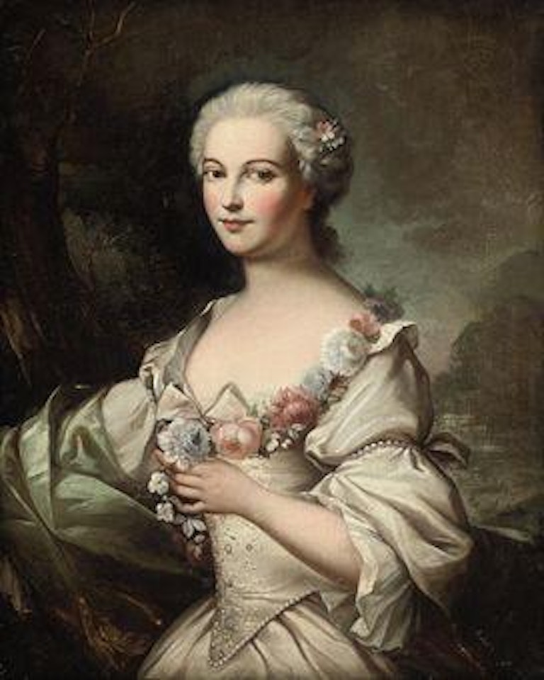 Portrait of a lady, half-length, in a white dress with pearl ornaments and a garland of flowers, a landscape beyond by Charles-Joseph Natoire