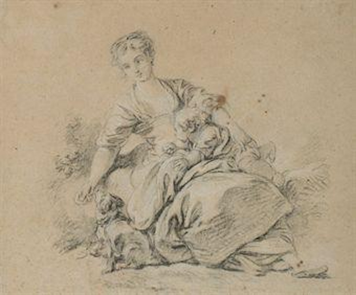 Paysanne assise avec un enfant nourrissant un chien by Francois Boucher