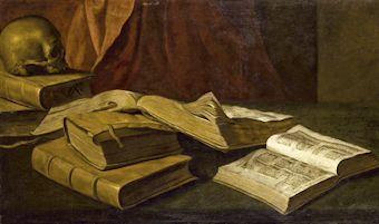 Livres et crâne sur une table by French School