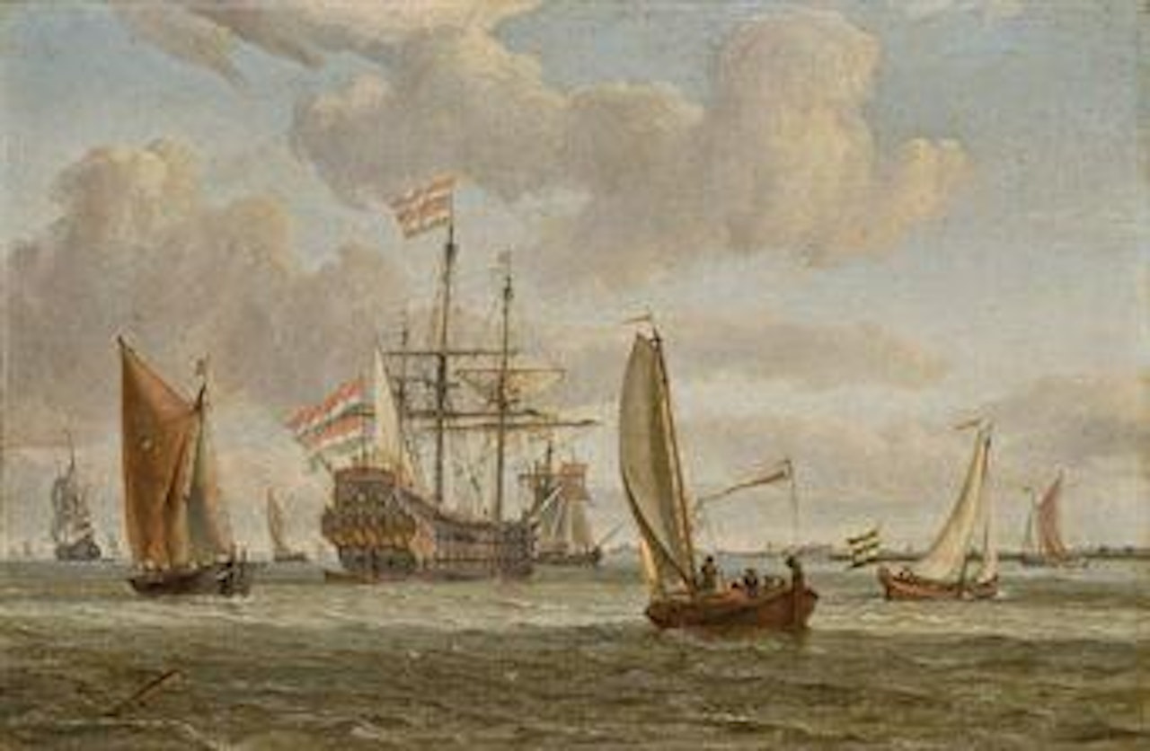 Un vaisseau entouré de voiliers, la côte à l'arrière-plan by Abraham Storck