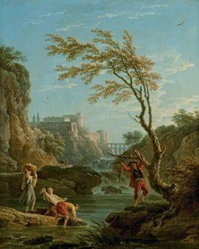 Un pêcheur et des lavandières dans un paysage by Claude Joseph Vernet