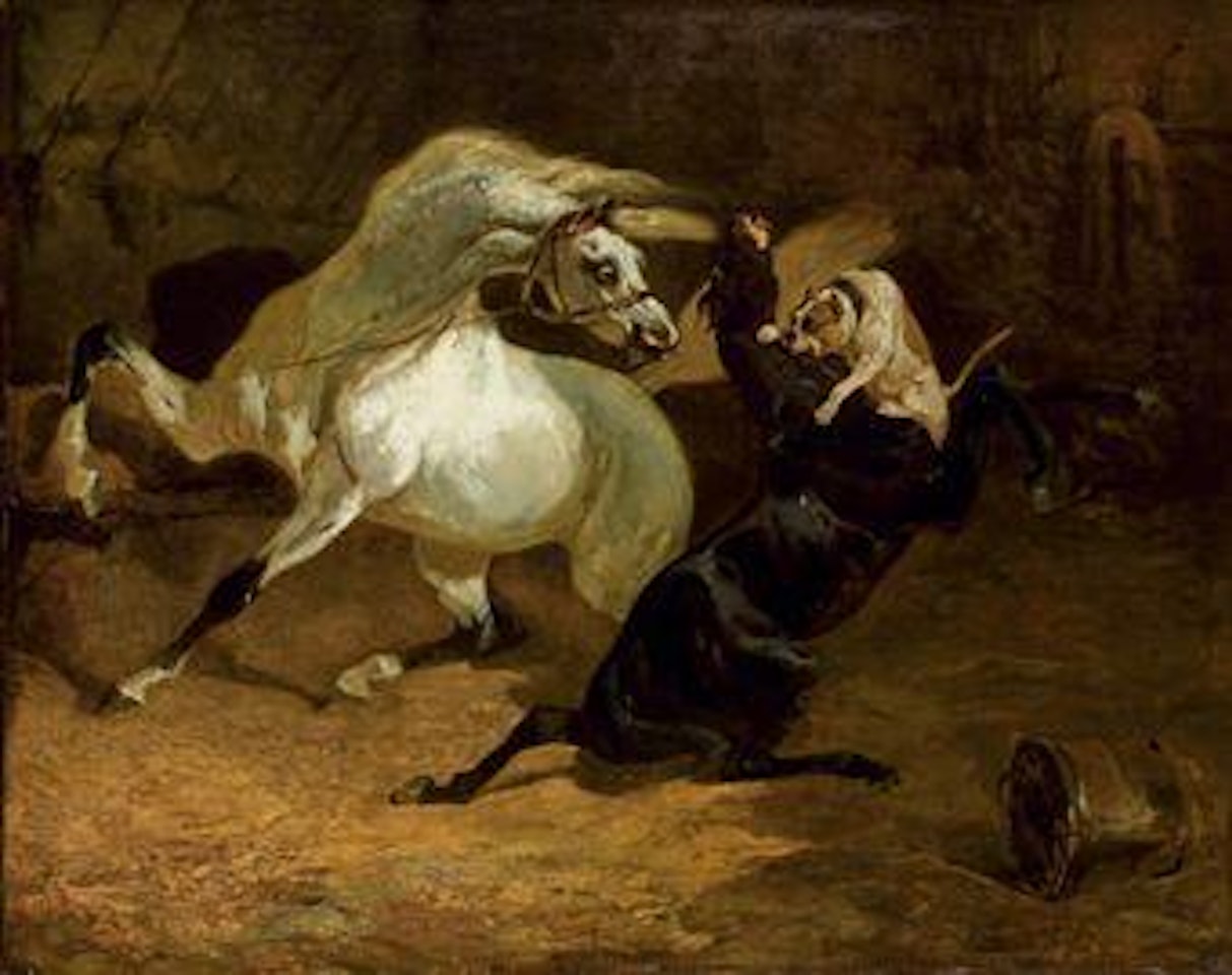 Deux étalons attaqués par un chien by Alfred de Dreux