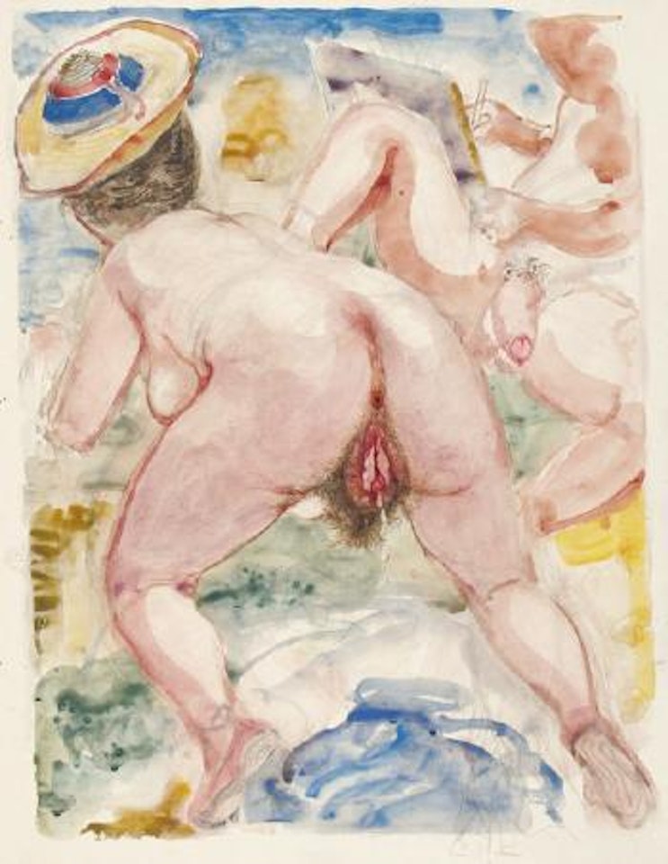 Zeichner und kriechender Rückenakt am Strand. by George Grosz